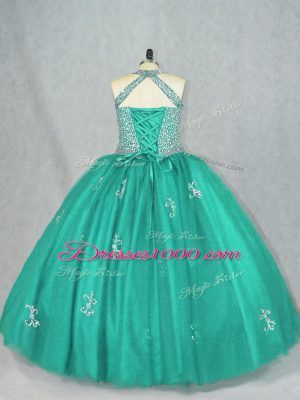 Great Ball Gowns Sweet 16 Dress Turquoise Halter Top Tulle Sleeveless Floor Length Lace Up