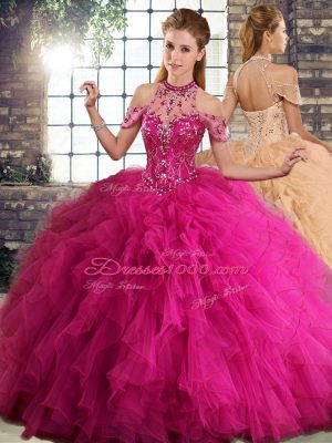 Floor Length Lace Up Quince Ball Gowns Fuchsia for Military Ball and Sweet 16 and Quinceanera with Beading and Ruffles