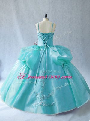 Smart Aqua Blue Sleeveless Floor Length Appliques Lace Up Sweet 16 Dress