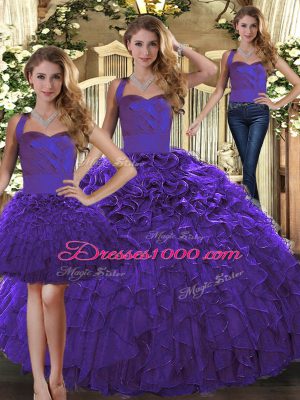 Simple Organza Halter Top Sleeveless Lace Up Ruffles Quinceanera Dress in Purple