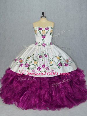 Fuchsia Quinceanera Gown Sweet 16 and Quinceanera with Embroidery and Ruffles Sweetheart Sleeveless Lace Up