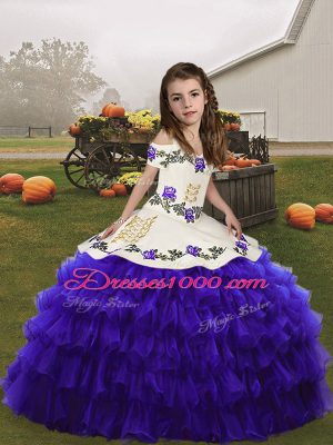 Floor Length Lace Up Little Girls Pageant Dress Purple for Party and Military Ball and Wedding Party with Embroidery and Ruffled Layers