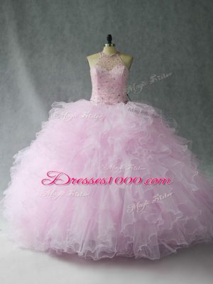 Superior Pink 15th Birthday Dress Sweet 16 and Quinceanera with Beading and Ruffles Halter Top Sleeveless Lace Up