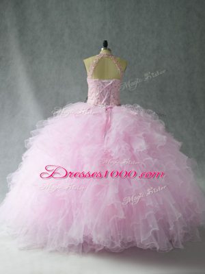 Superior Pink 15th Birthday Dress Sweet 16 and Quinceanera with Beading and Ruffles Halter Top Sleeveless Lace Up