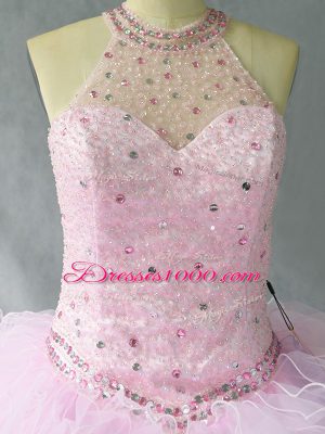 Superior Pink 15th Birthday Dress Sweet 16 and Quinceanera with Beading and Ruffles Halter Top Sleeveless Lace Up