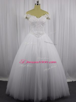 White Ball Gowns Off The Shoulder Sleeveless Tulle Floor Length Lace Up Beading and Lace Bridal Gown