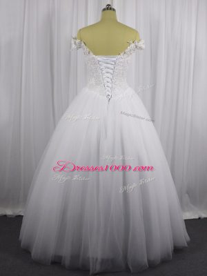 White Ball Gowns Off The Shoulder Sleeveless Tulle Floor Length Lace Up Beading and Lace Bridal Gown