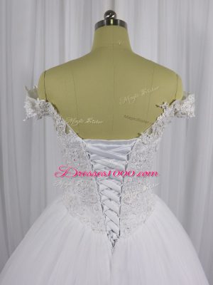 White Ball Gowns Off The Shoulder Sleeveless Tulle Floor Length Lace Up Beading and Lace Bridal Gown