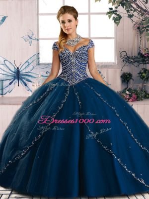 Decent Sweetheart Cap Sleeves Quinceanera Dress Brush Train Beading Blue Tulle