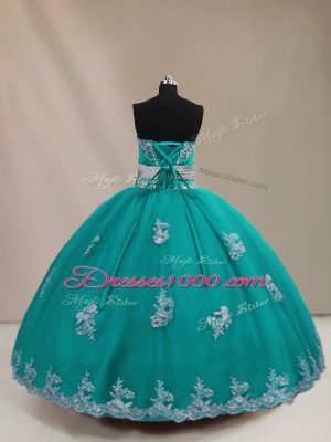 Custom Designed Turquoise Ball Gowns Appliques Sweet 16 Quinceanera Dress Lace Up Tulle Sleeveless Floor Length