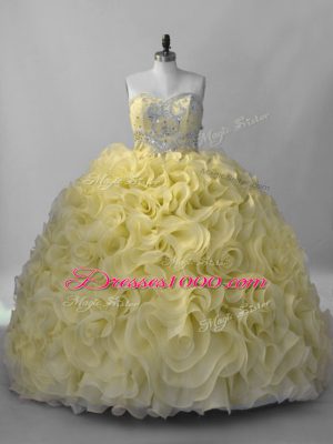 Great Yellow Ball Gowns Beading 15 Quinceanera Dress Lace Up Fabric With Rolling Flowers Sleeveless