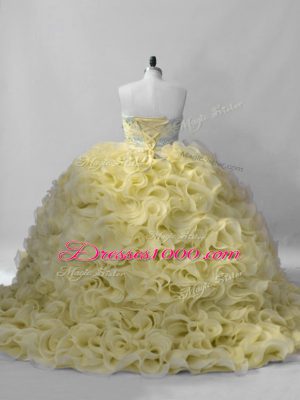 Great Yellow Ball Gowns Beading 15 Quinceanera Dress Lace Up Fabric With Rolling Flowers Sleeveless