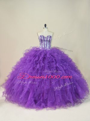 Glamorous Purple Tulle Lace Up Ball Gown Prom Dress Sleeveless Floor Length Beading and Ruffles
