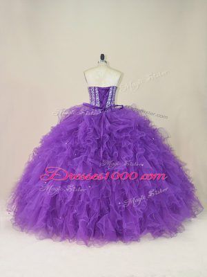 Glamorous Purple Tulle Lace Up Ball Gown Prom Dress Sleeveless Floor Length Beading and Ruffles