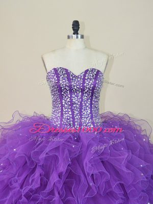 Glamorous Purple Tulle Lace Up Ball Gown Prom Dress Sleeveless Floor Length Beading and Ruffles