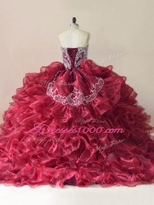 Dazzling Wine Red Organza Lace Up Sweetheart Sleeveless Ball Gown Prom Dress Brush Train Beading and Appliques and Ruffles