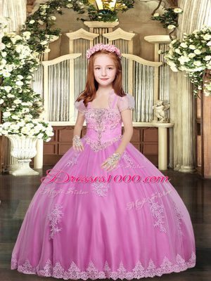 Straps Sleeveless Pageant Gowns For Girls Floor Length Lace and Appliques Lilac Tulle