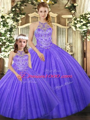 Elegant Lavender Ball Gowns Halter Top Sleeveless Tulle Floor Length Lace Up Beading Ball Gown Prom Dress
