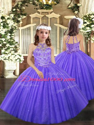 Elegant Lavender Ball Gowns Halter Top Sleeveless Tulle Floor Length Lace Up Beading Ball Gown Prom Dress