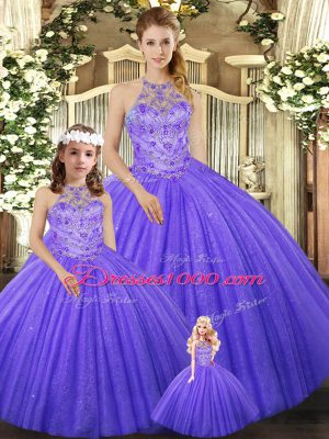 Elegant Lavender Ball Gowns Halter Top Sleeveless Tulle Floor Length Lace Up Beading Ball Gown Prom Dress