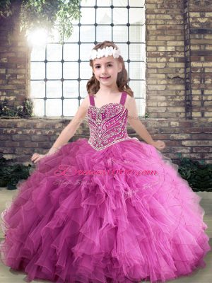 Lilac Tulle Zipper Straps Sleeveless Floor Length Party Dress Beading