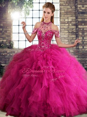 Cute Sleeveless Floor Length Beading and Ruffles Lace Up Quinceanera Gowns with Fuchsia