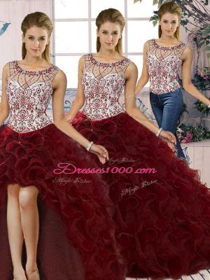 Scoop Sleeveless Lace Up Sweet 16 Dresses Burgundy Organza