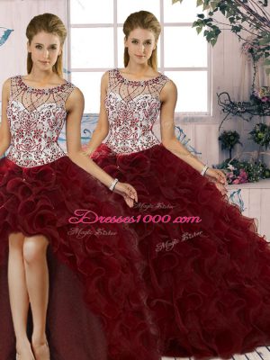 Scoop Sleeveless Lace Up Sweet 16 Dresses Burgundy Organza