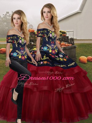 Traditional Wine Red Off The Shoulder Lace Up Embroidery and Ruffled Layers Sweet 16 Dresses Brush Train Sleeveless