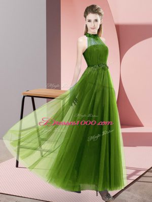 Luxurious Sleeveless Floor Length Beading and Appliques Lace Up Bridesmaid Gown with Olive Green