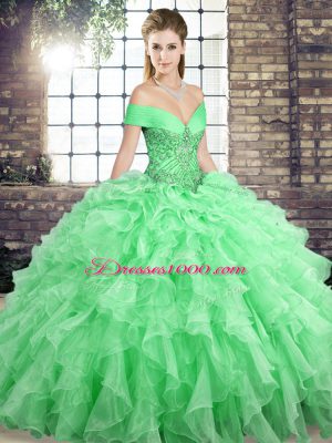 Wonderful Ball Gowns Sleeveless Apple Green 15th Birthday Dress Brush Train Lace Up