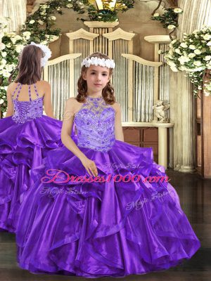 Super Purple Halter Top Lace Up Beading and Ruffles Sweet 16 Dresses Sleeveless