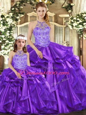 Super Purple Halter Top Lace Up Beading and Ruffles Sweet 16 Dresses Sleeveless