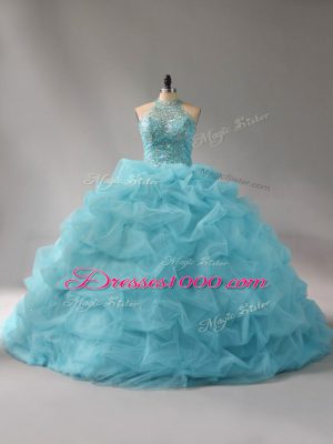 Custom Design Sleeveless Beading and Pick Ups Lace Up Quinceanera Dresses with Aqua Blue Court Train