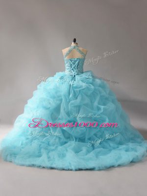 Custom Design Sleeveless Beading and Pick Ups Lace Up Quinceanera Dresses with Aqua Blue Court Train