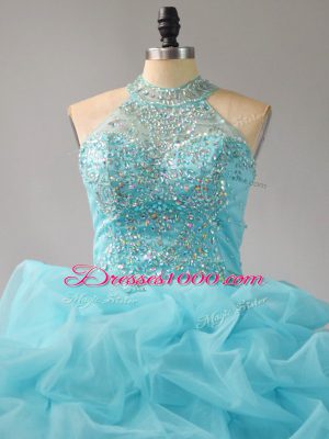 Custom Design Sleeveless Beading and Pick Ups Lace Up Quinceanera Dresses with Aqua Blue Court Train