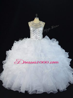 Floor Length Lace Up Quinceanera Dresses White for Sweet 16 and Quinceanera with Beading and Ruffles