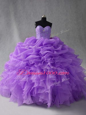 Organza Sweetheart Sleeveless Lace Up Beading and Ruffles and Pick Ups 15th Birthday Dress in Lavender