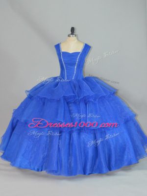 Charming Floor Length Lace Up Ball Gown Prom Dress Blue for Sweet 16 and Quinceanera with Beading and Ruffled Layers