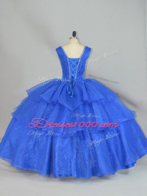 Charming Floor Length Lace Up Ball Gown Prom Dress Blue for Sweet 16 and Quinceanera with Beading and Ruffled Layers