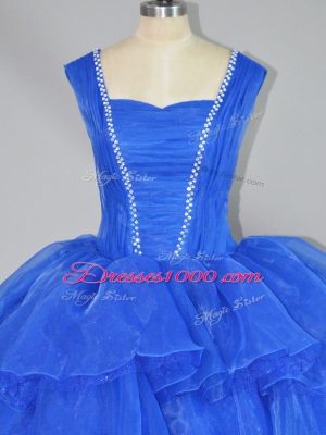 Charming Floor Length Lace Up Ball Gown Prom Dress Blue for Sweet 16 and Quinceanera with Beading and Ruffled Layers