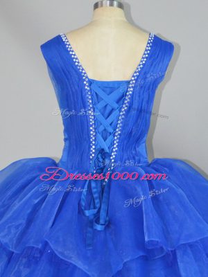 Charming Floor Length Lace Up Ball Gown Prom Dress Blue for Sweet 16 and Quinceanera with Beading and Ruffled Layers