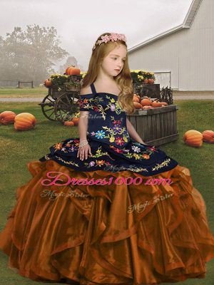High Class Floor Length Lace Up Little Girl Pageant Gowns Brown for Party and Wedding Party with Embroidery and Ruffles