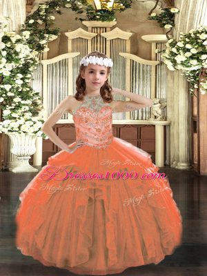 Gorgeous Orange Ball Gowns Tulle Halter Top Sleeveless Beading and Ruffles Floor Length Lace Up Juniors Party Dress