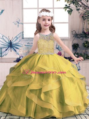 Sleeveless Floor Length Beading and Ruffles Lace Up Little Girl Pageant Dress with Olive Green