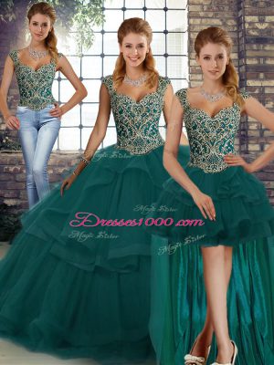 Great Peacock Green Tulle Lace Up Straps Sleeveless Floor Length 15th Birthday Dress Beading and Ruffles