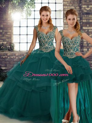 Great Peacock Green Tulle Lace Up Straps Sleeveless Floor Length 15th Birthday Dress Beading and Ruffles