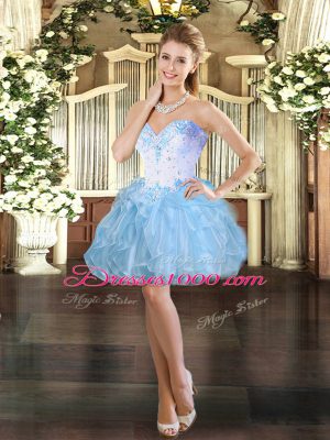 Sumptuous Light Blue Ball Gowns Organza Sweetheart Sleeveless Beading and Ruffles Mini Length Lace Up Dress for Prom