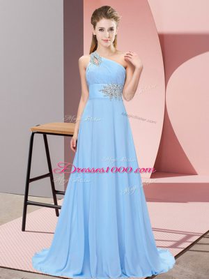 One Shoulder Sleeveless Brush Train Lace Up Homecoming Dress Blue Chiffon