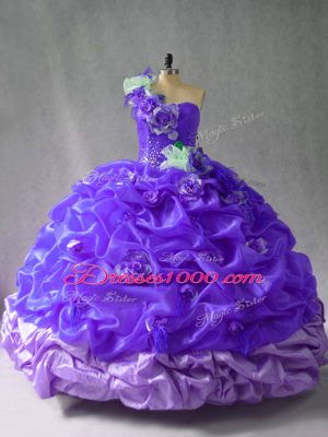Classical One Shoulder Sleeveless Lace Up Quinceanera Gowns Purple Organza